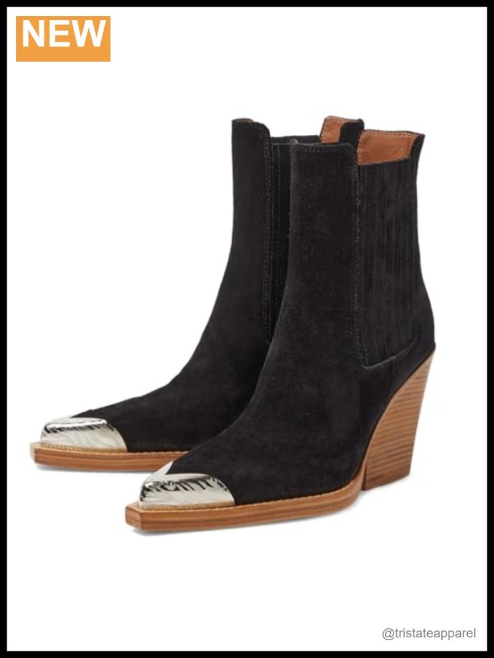 Suede Western Cowboy Boots Ankle Bootie Pointed Toe Stacked Heel Slip On Cowgirl